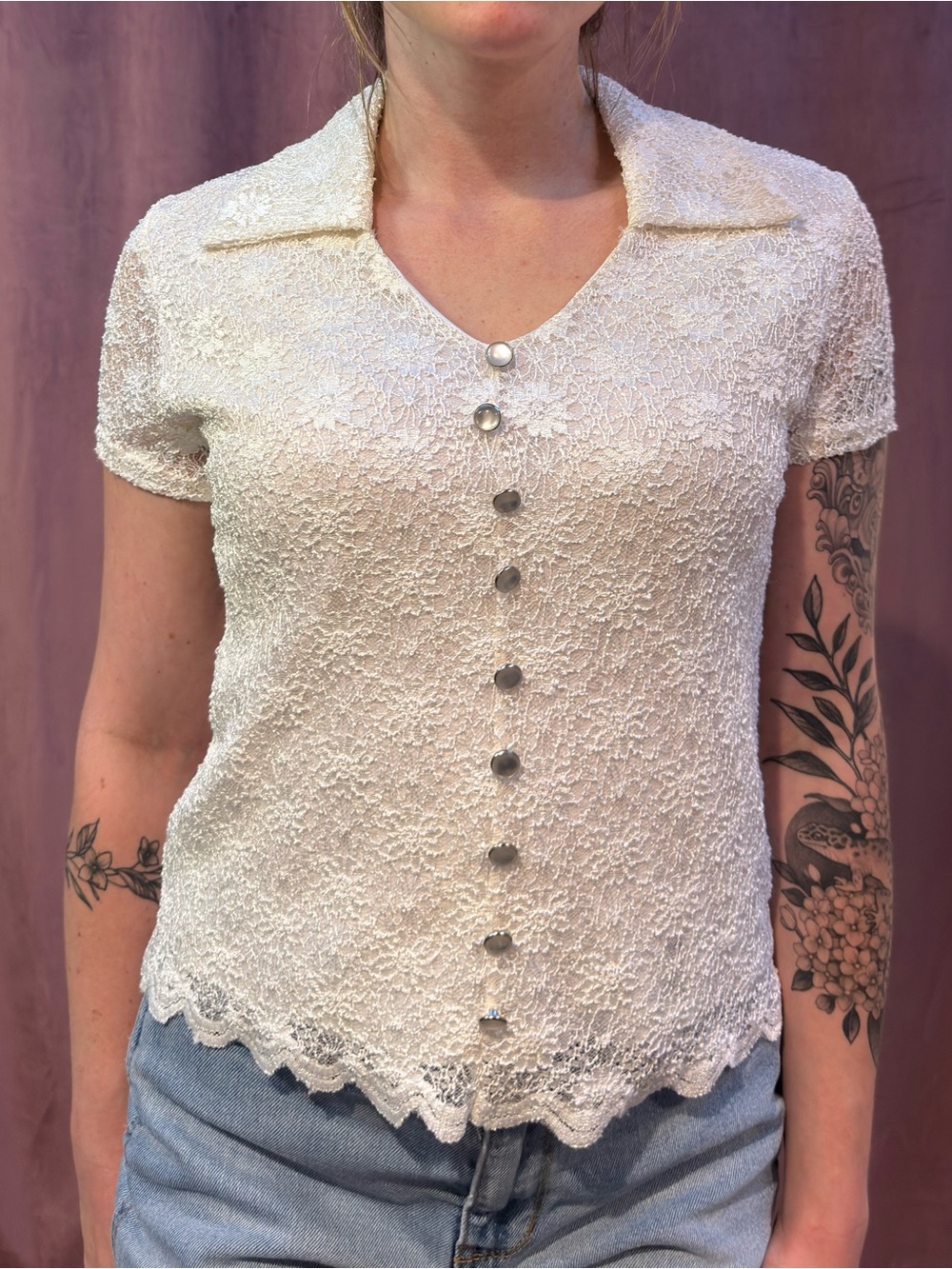 Vintage Y2K White Floral Lace Collared Button Front Top Size L
